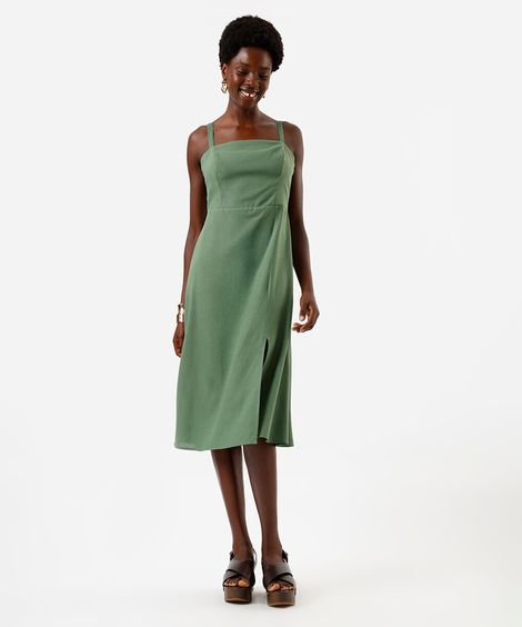 vestido midi feminino com linho e fenda verde