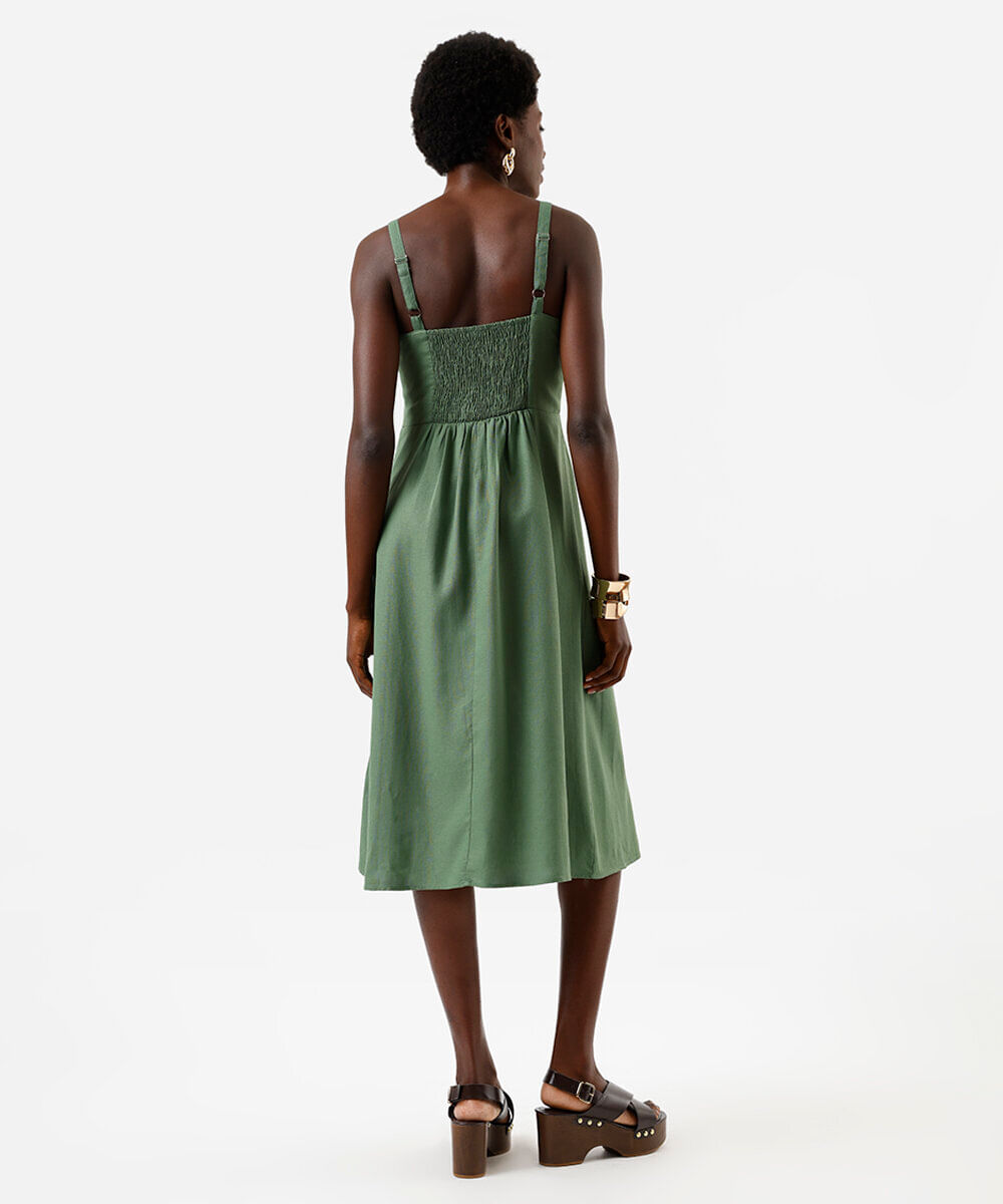 vestido midi feminino com linho e fenda verde
