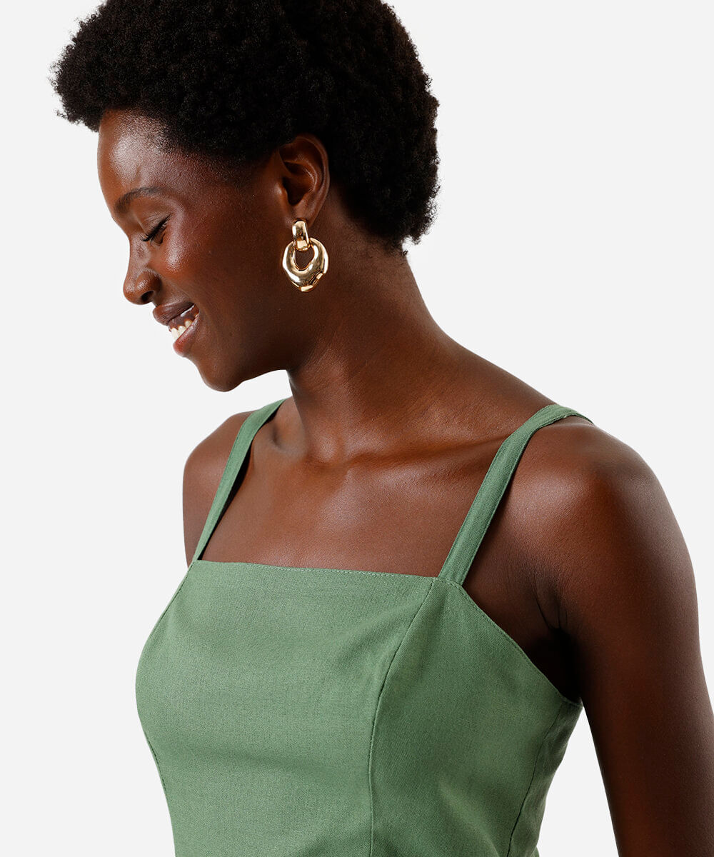 vestido midi feminino com linho e fenda verde