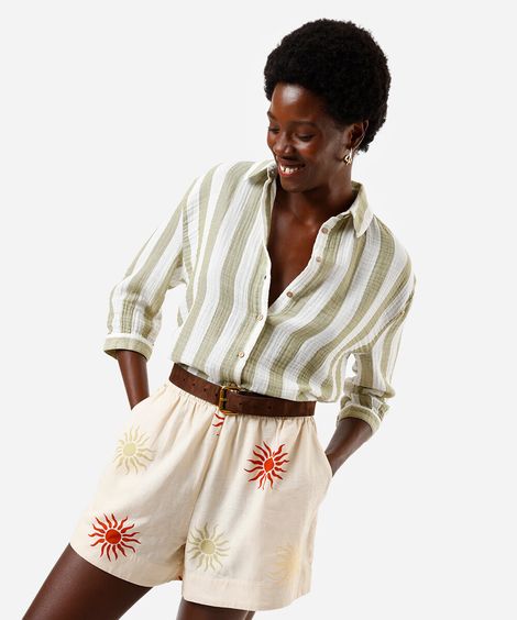 camisa feminina de algodão listrada verde