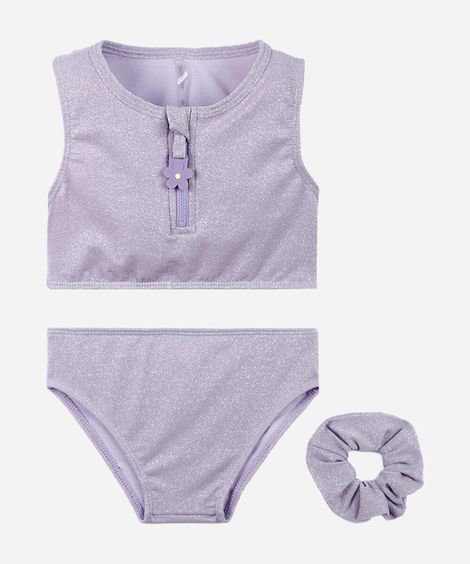 biquíni infantil com lurex e elástico para cabelo lilás
