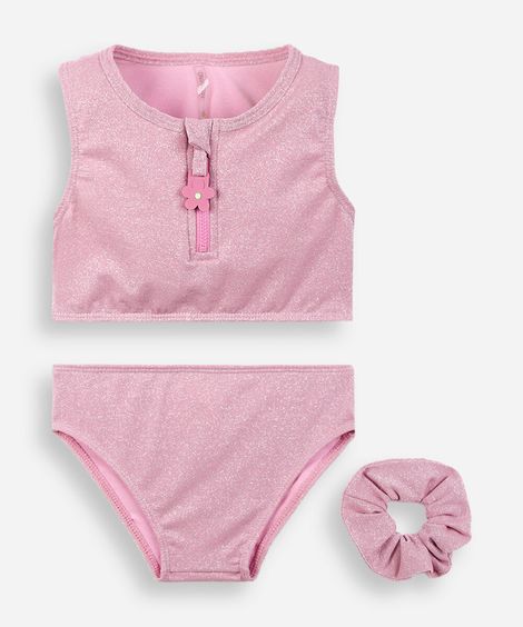 biquíni infantil com lurex e elástico para cabelo rosa