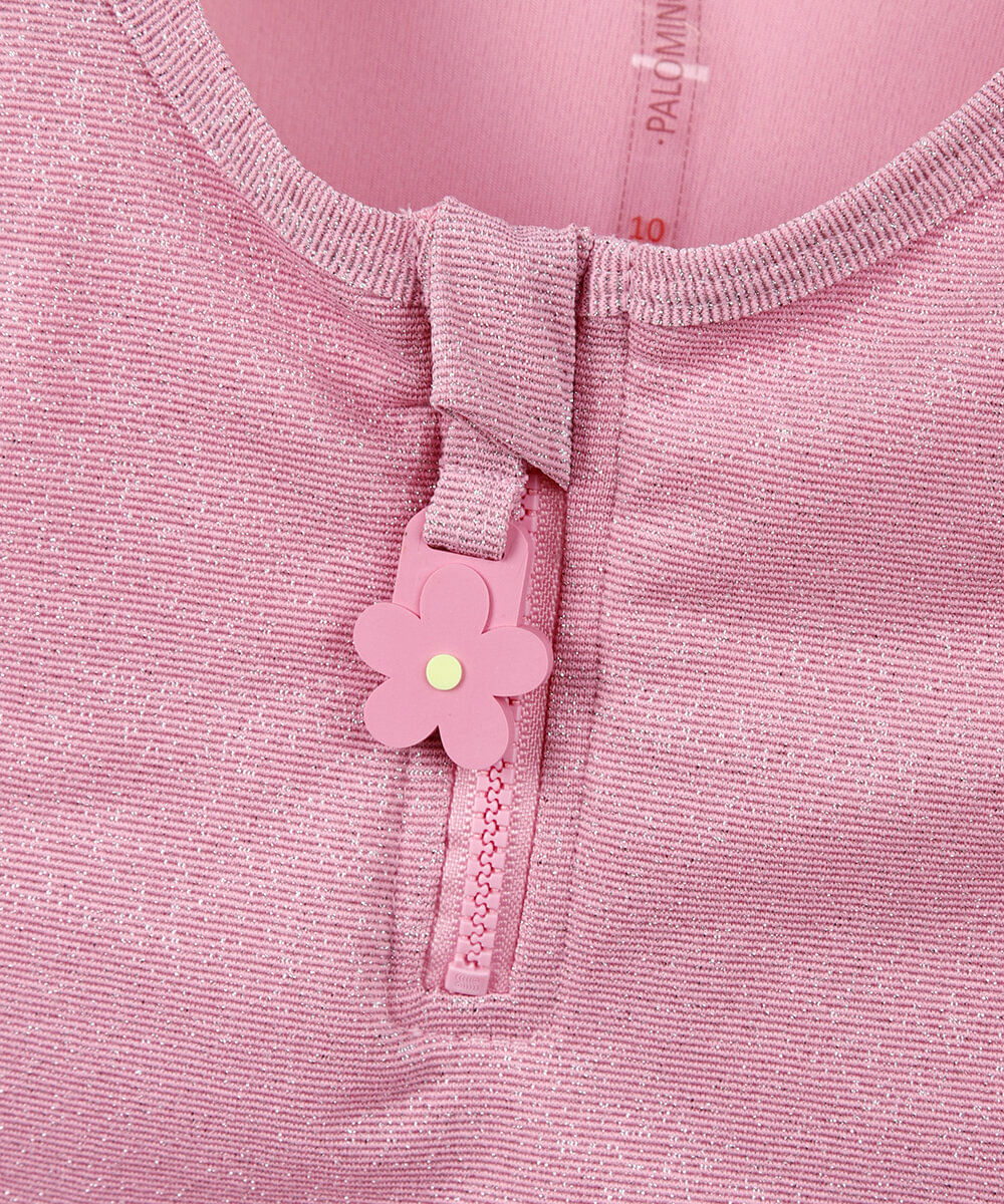biquíni infantil com lurex e elástico para cabelo rosa