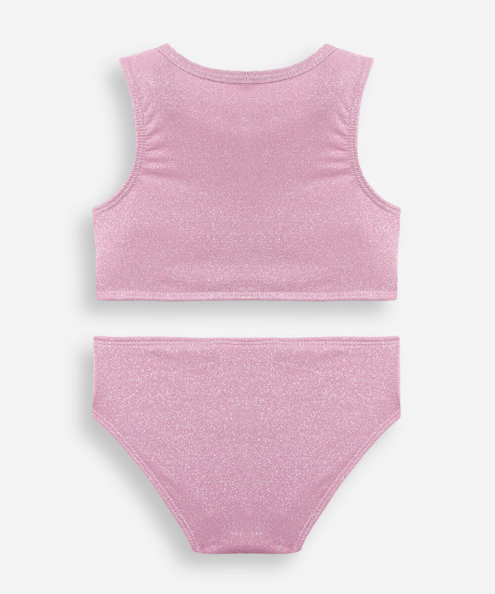 biquíni infantil com lurex e elástico para cabelo rosa