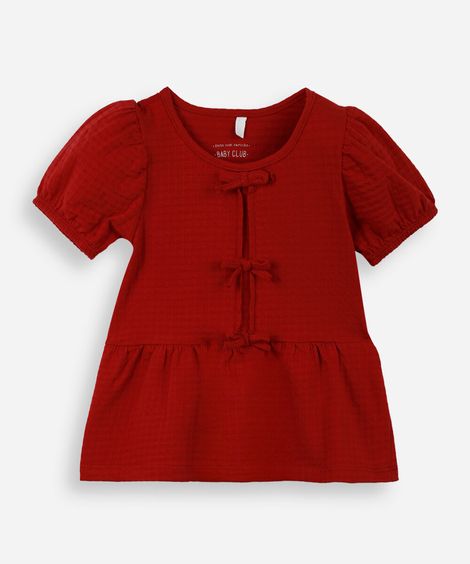 blusa de algodão infantil com lacinho texturizada vermelha