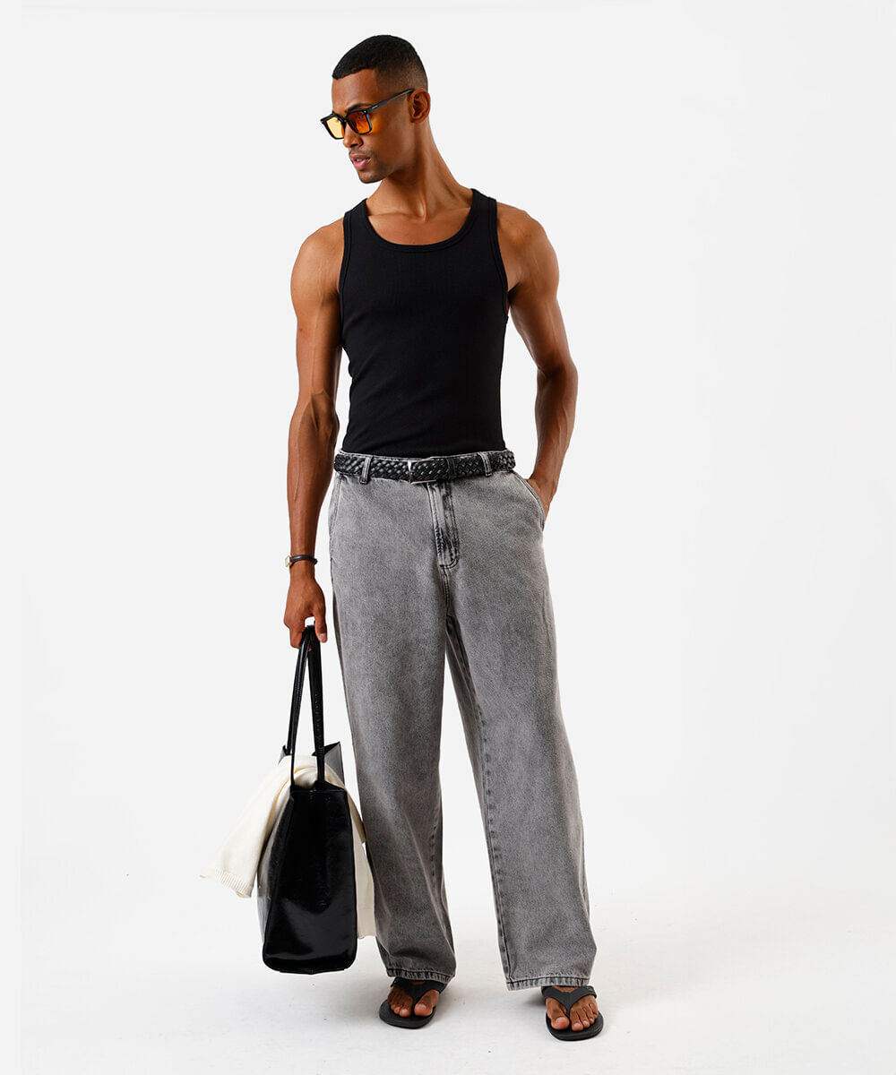 calça masculina super baggy jeans cinza