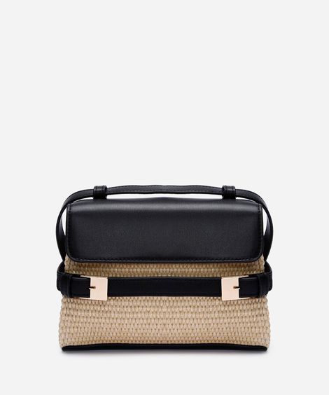 bolsa crossbody palha e detalhe de fivela bege