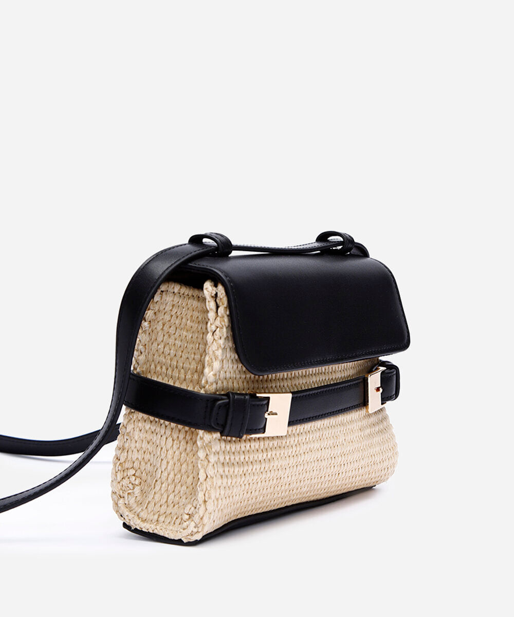 bolsa crossbody palha e detalhe de fivela bege