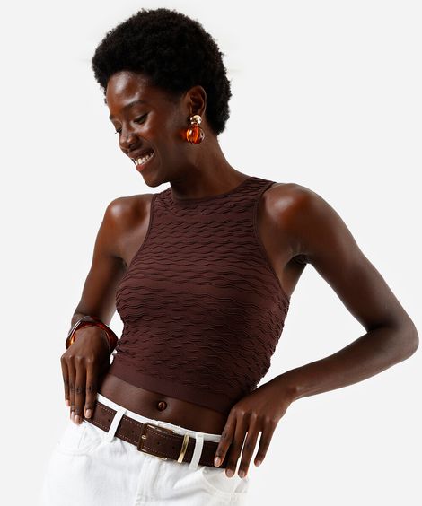 regata cropped feminina de poliamida texturizada marrom