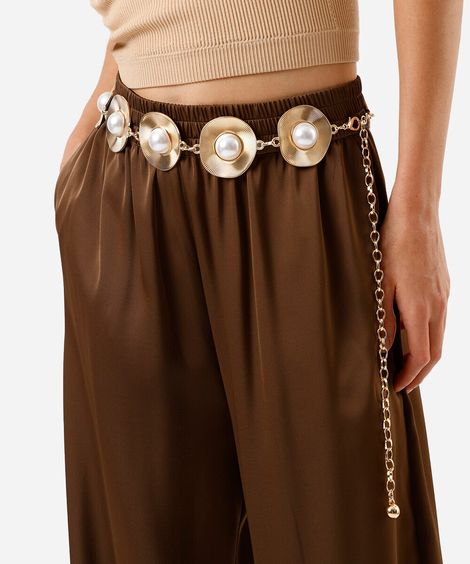 cinto feminino de corrente maxi pérolas dourado