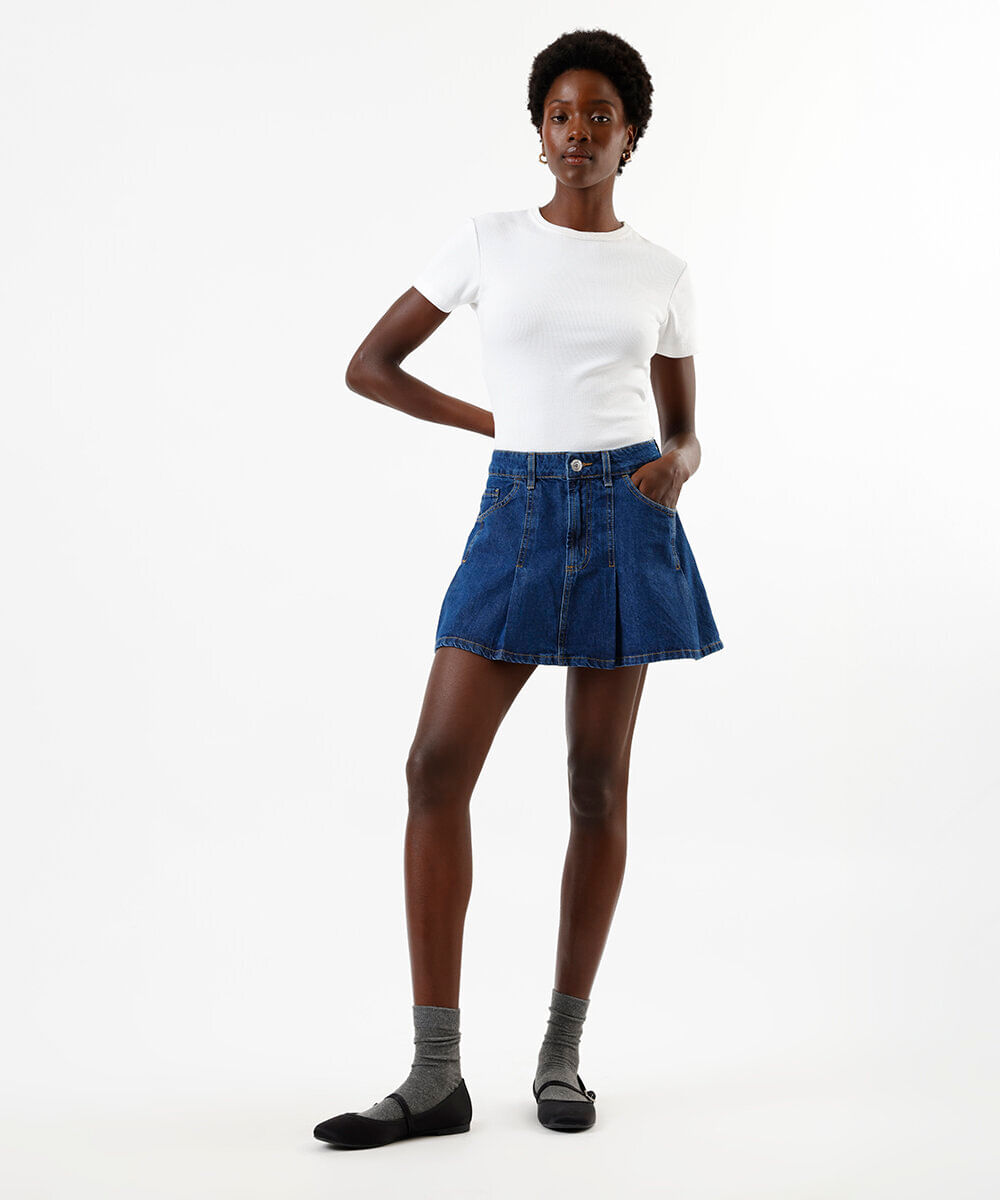 minissaia feminina jeans cintura alta pregas azul