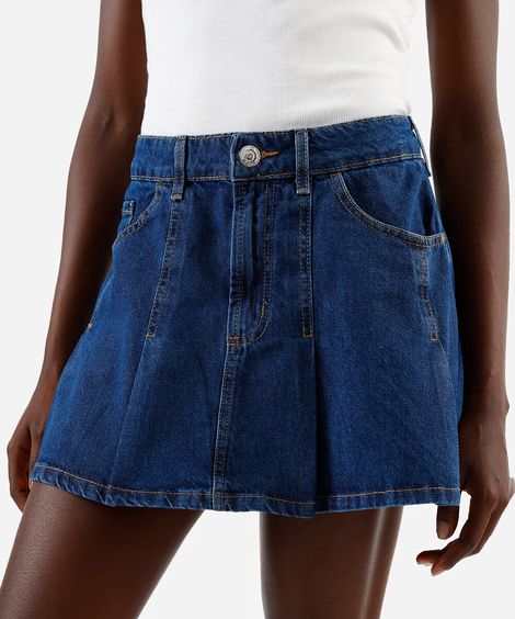 minissaia feminina jeans cintura alta pregas azul