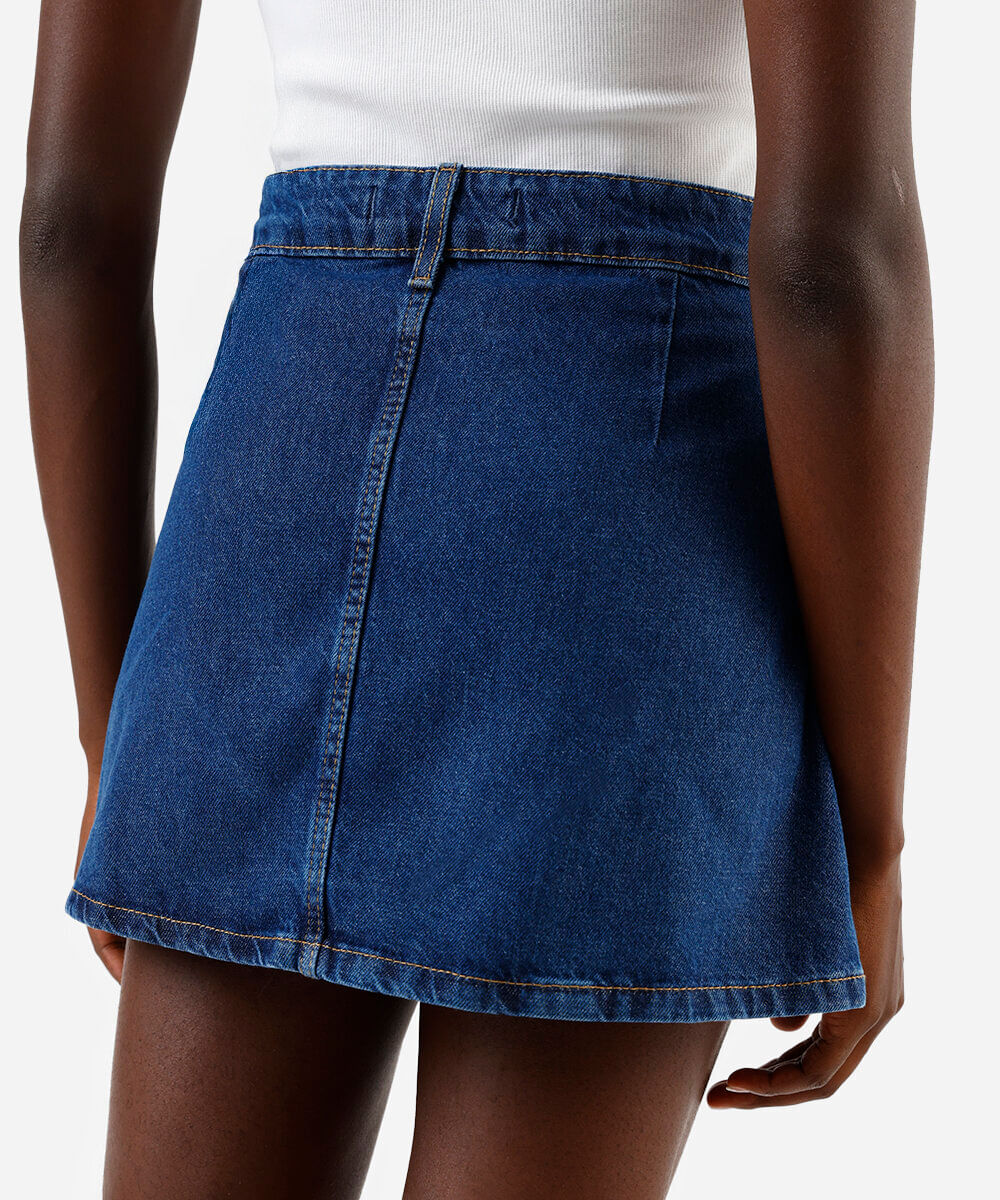 minissaia feminina jeans cintura alta pregas azul