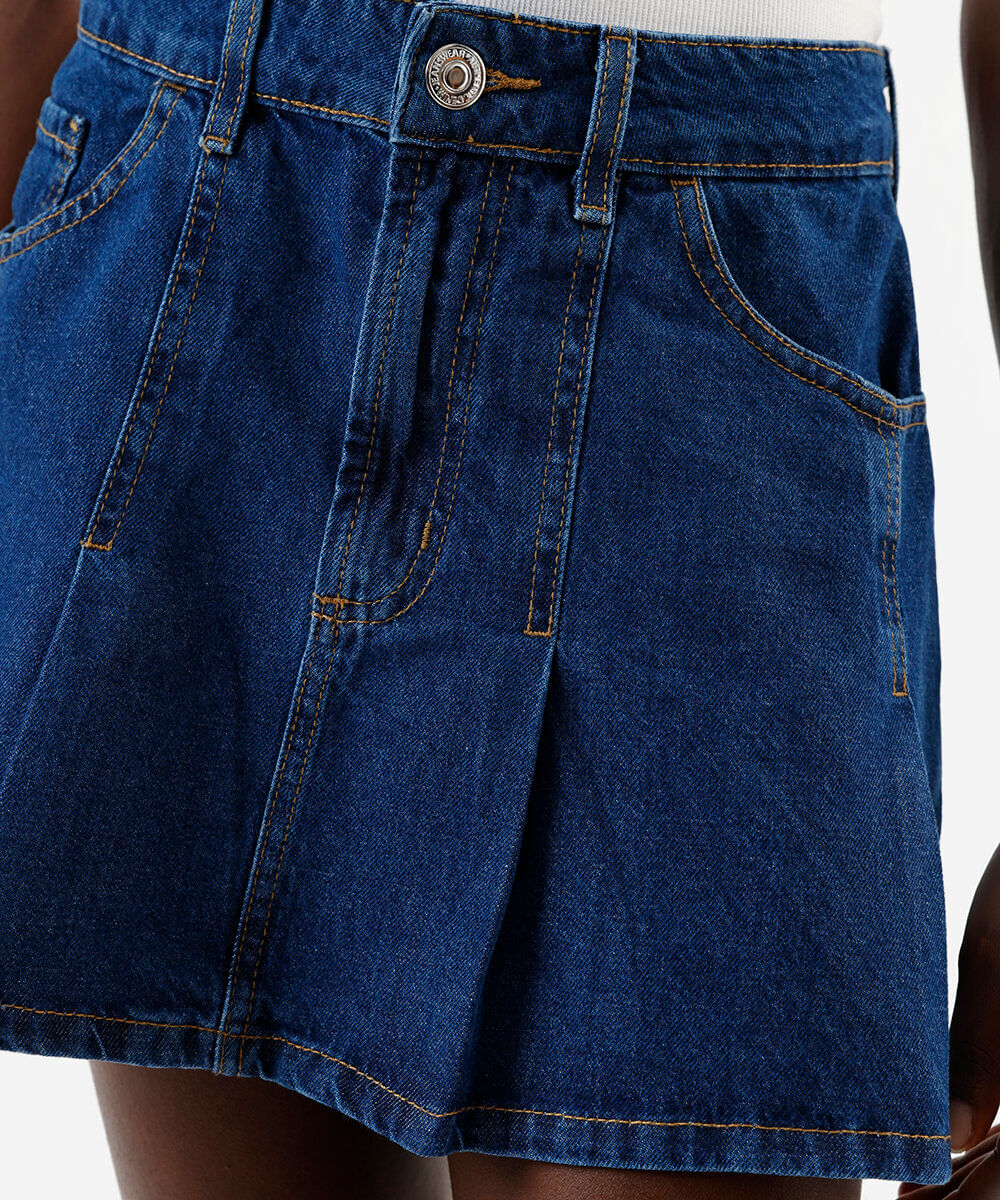 minissaia feminina jeans cintura alta pregas azul