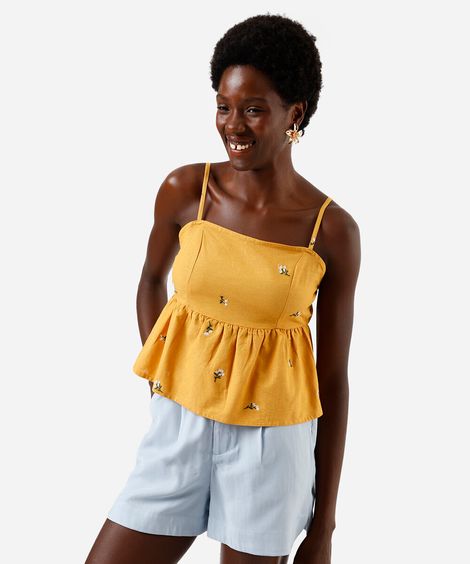 bata feminina alça fina floral amarela