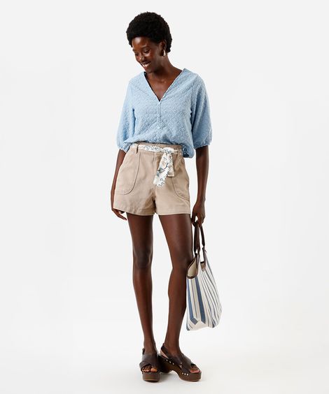 short feminino evasê sarja cintura alta com lenço bege