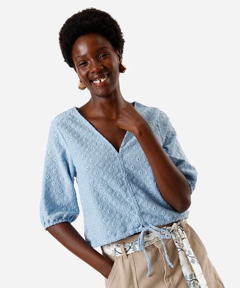 blusa feminina de laise manga bufante azul