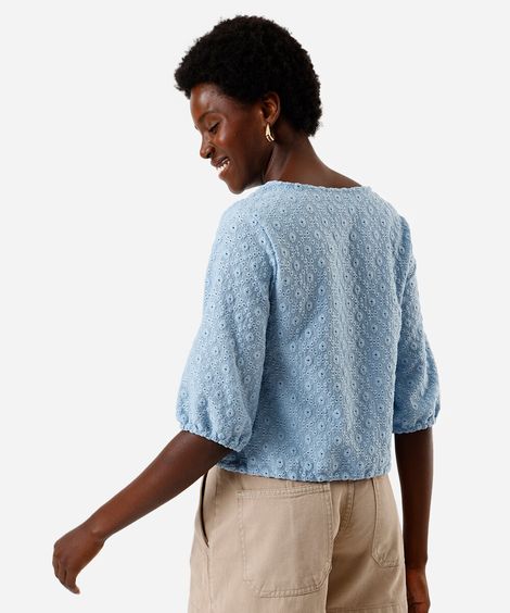 blusa feminina de laise manga bufante azul