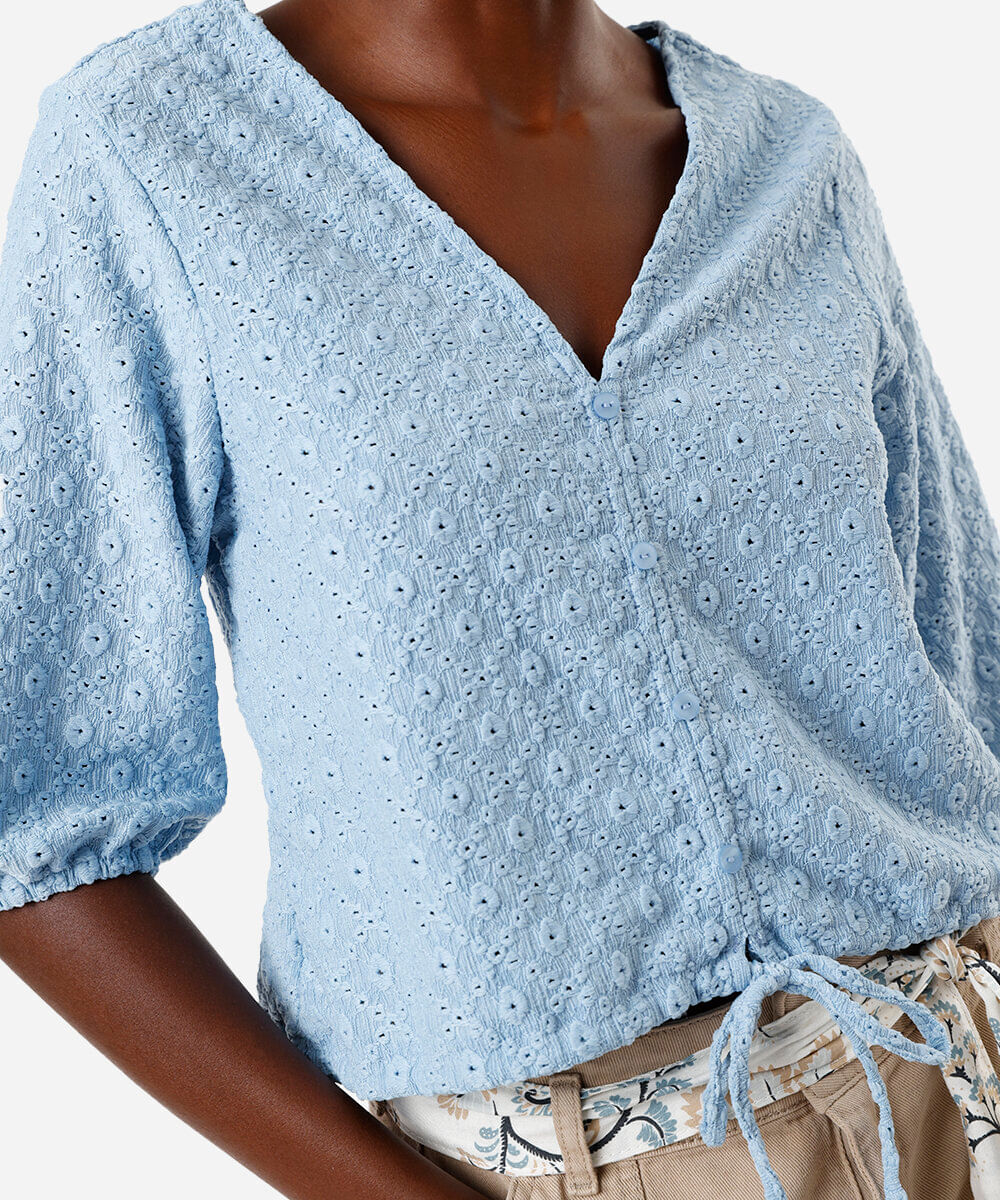 blusa feminina de laise manga bufante azul