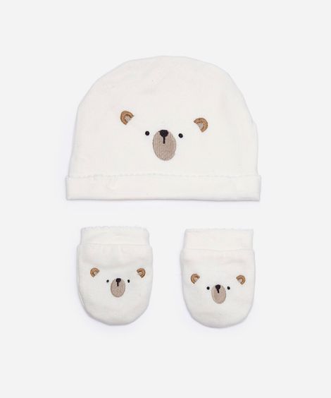kit infantil de touca e luva com carinha urso off white