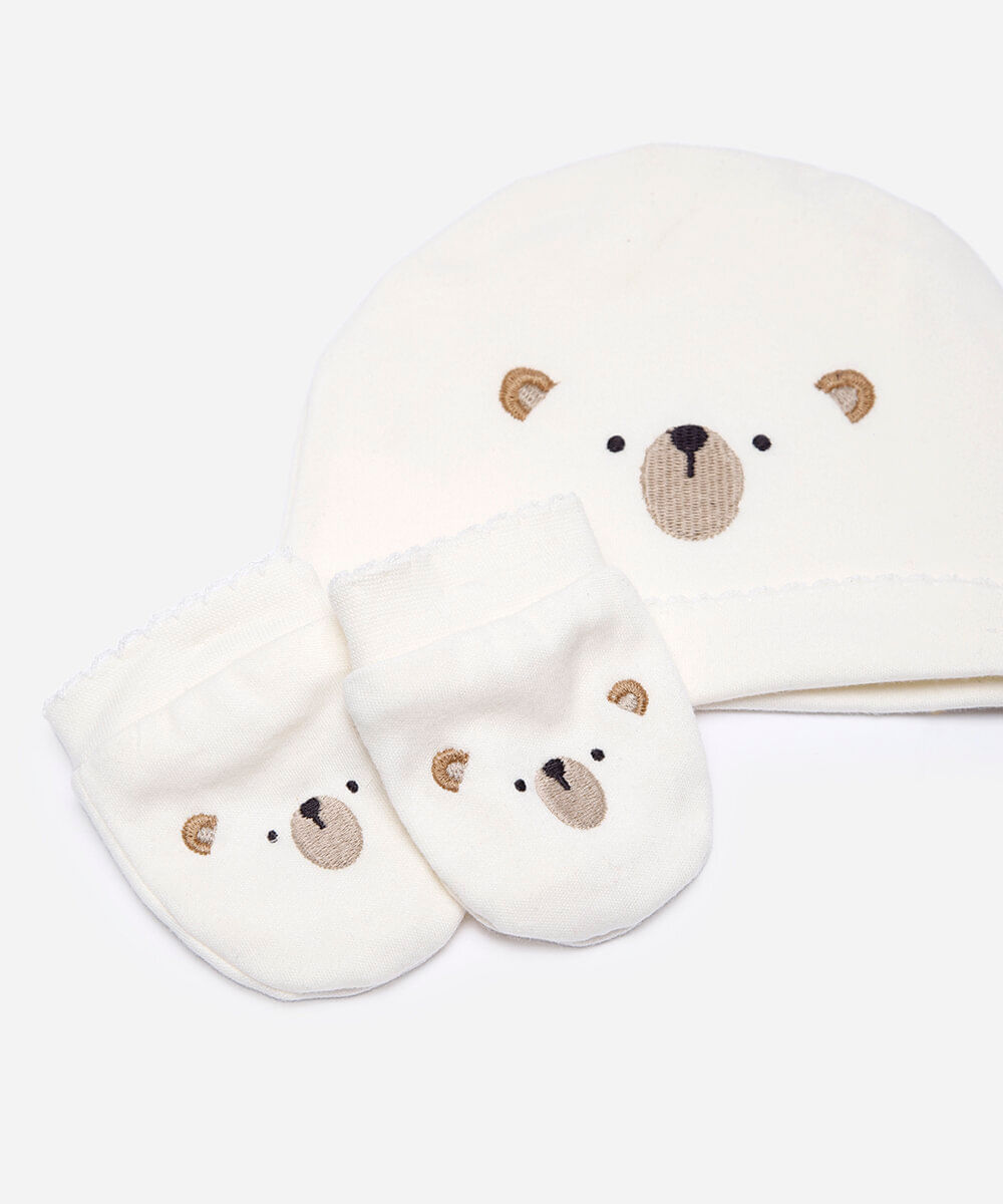 kit infantil de touca e luva com carinha urso off white