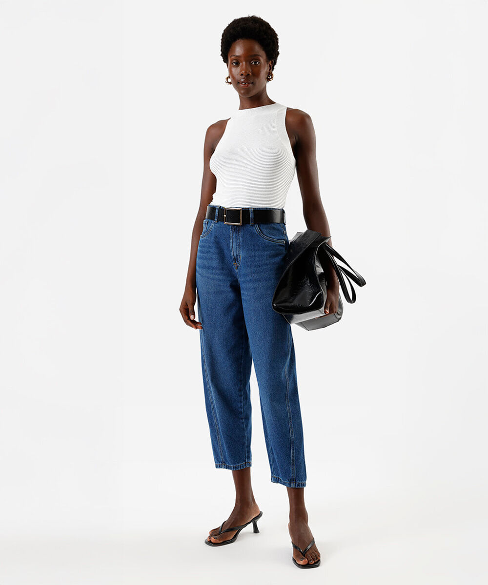 calça carrot feminina jeans cintura alta azul