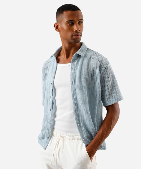 camisa box masculina de tricot texturizada azul