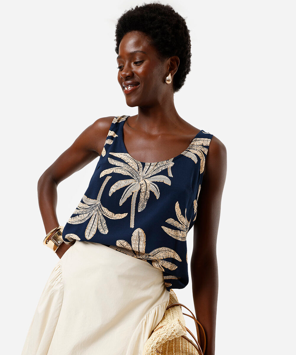 regata feminina de viscose coqueiros azul