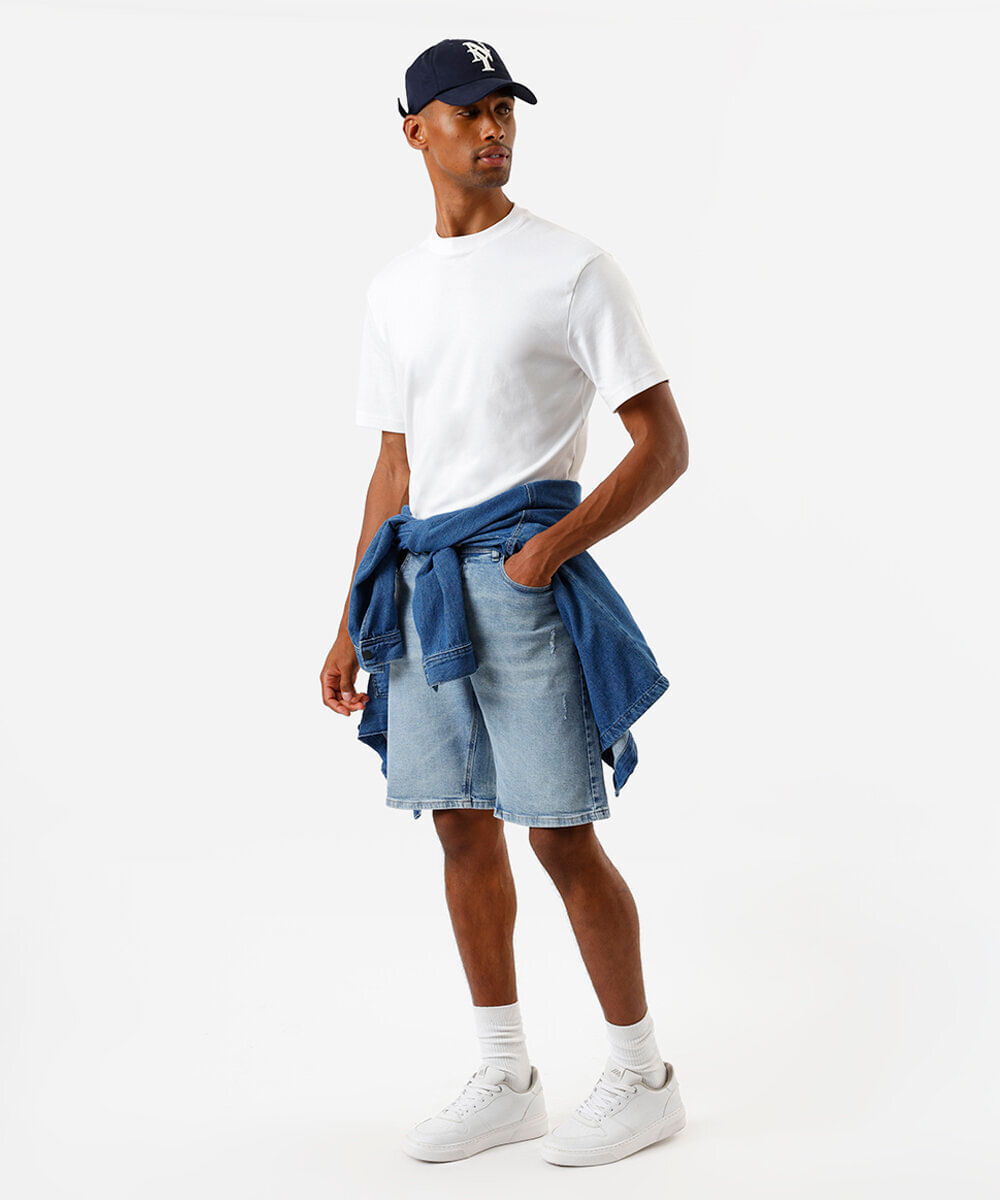 bermuda masculina jeans reta azul