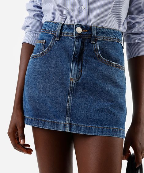 minissaia feminina jeans cintura alta azul