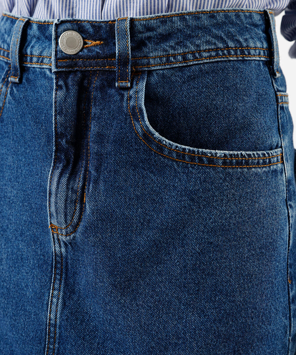 minissaia feminina jeans cintura alta azul
