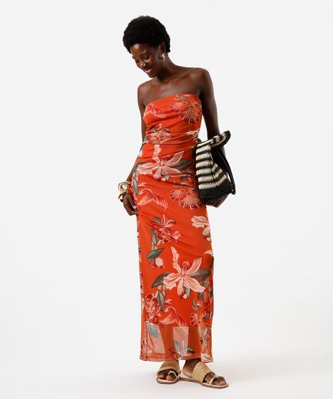 vestido longo feminino de tule sem alça floral laranja