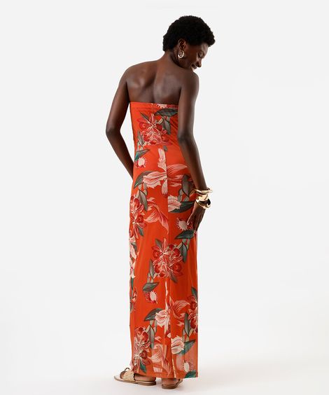 vestido longo feminino de tule sem alça floral laranja