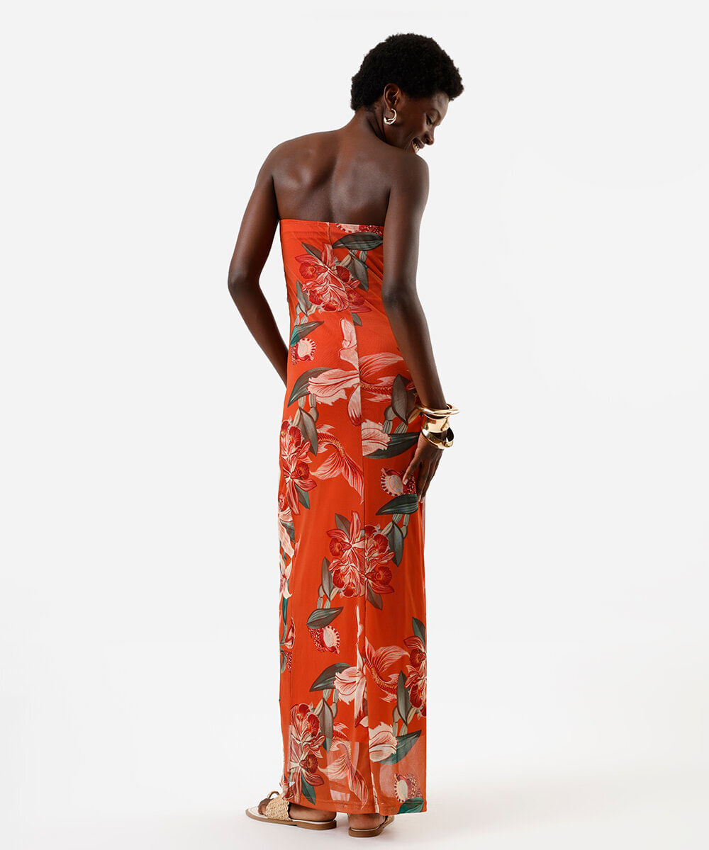 vestido longo feminino de tule sem alça floral laranja