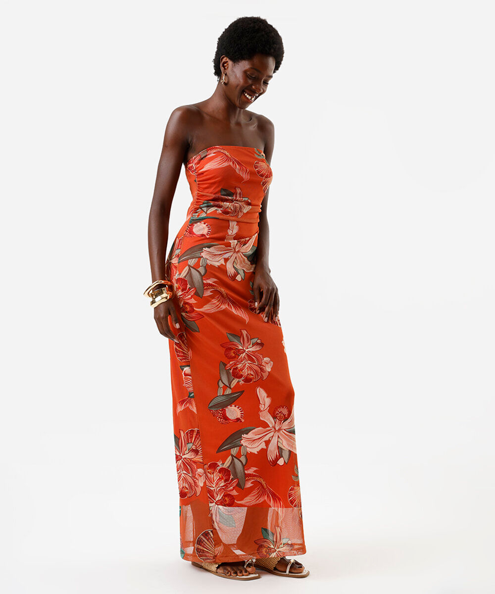 vestido longo feminino de tule sem alça floral laranja