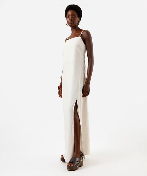vestido longo alça fina feminino com linho e fenda bege