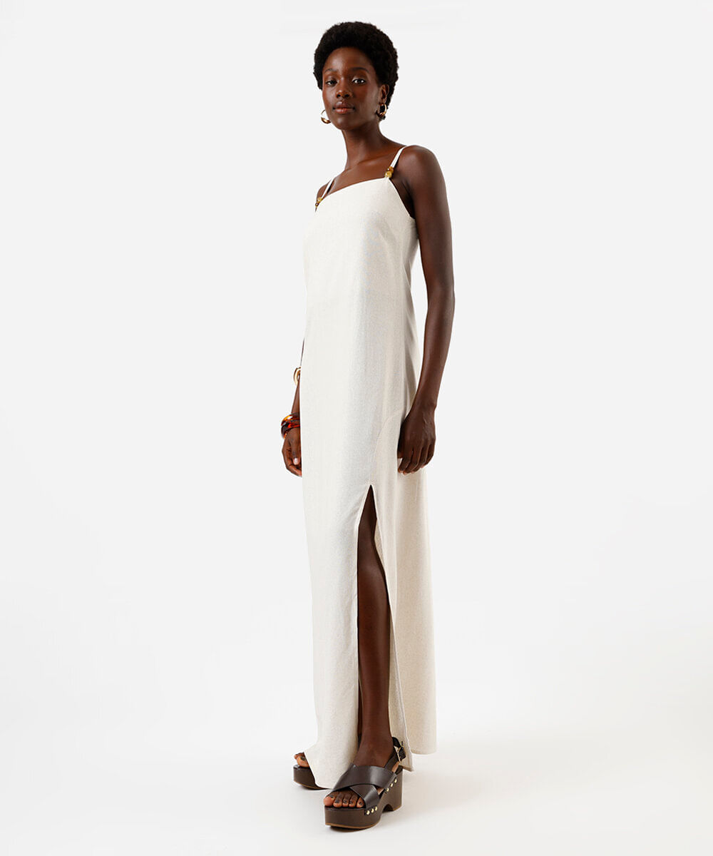 vestido longo alça fina feminino com linho e fenda bege