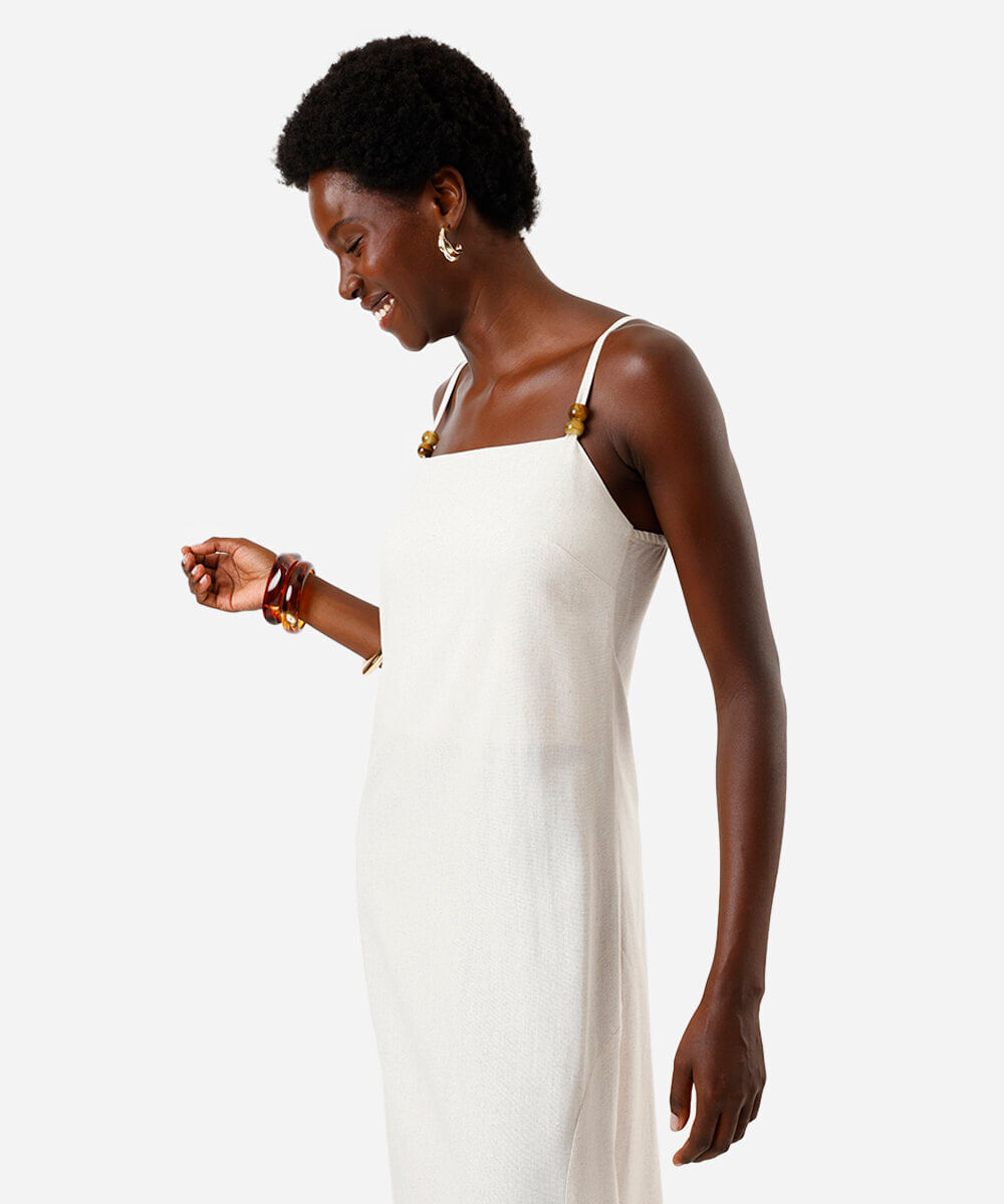 vestido longo alça fina feminino com linho e fenda bege