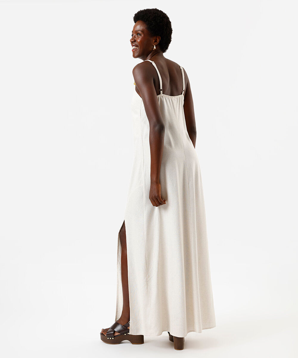 vestido longo alça fina feminino com linho e fenda bege
