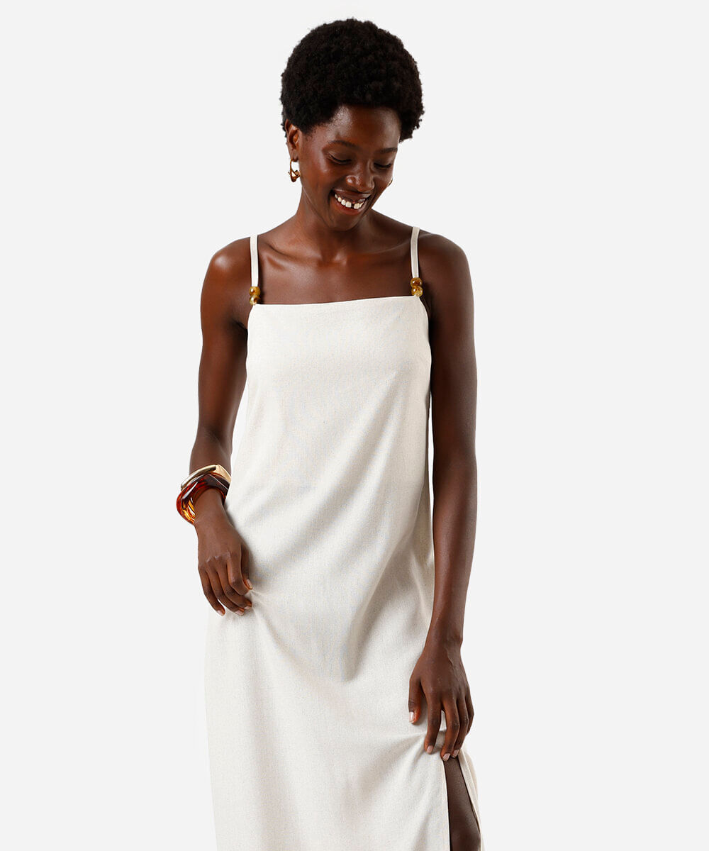 vestido longo alça fina feminino com linho e fenda bege