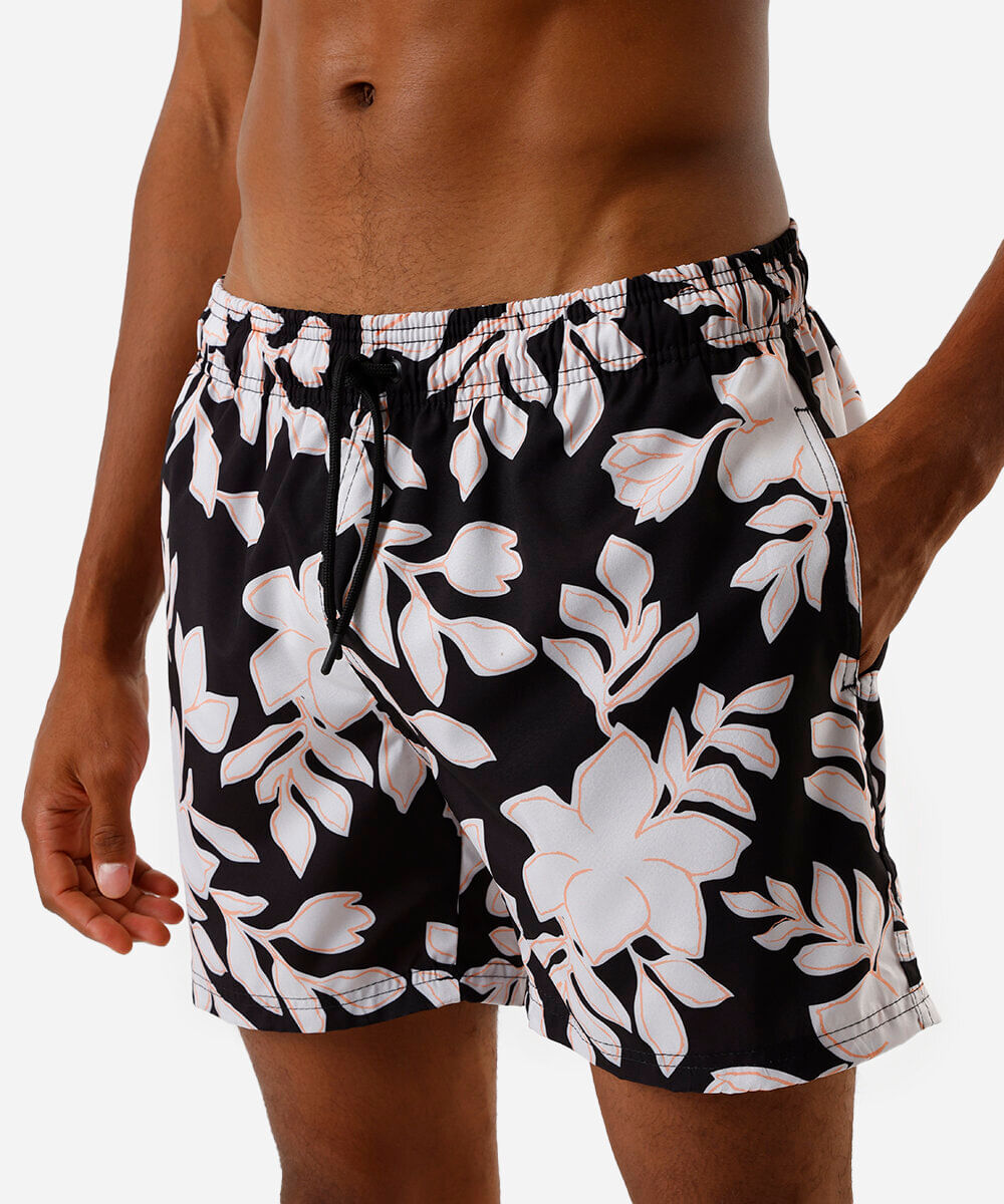 short masculino boardshort floral preto