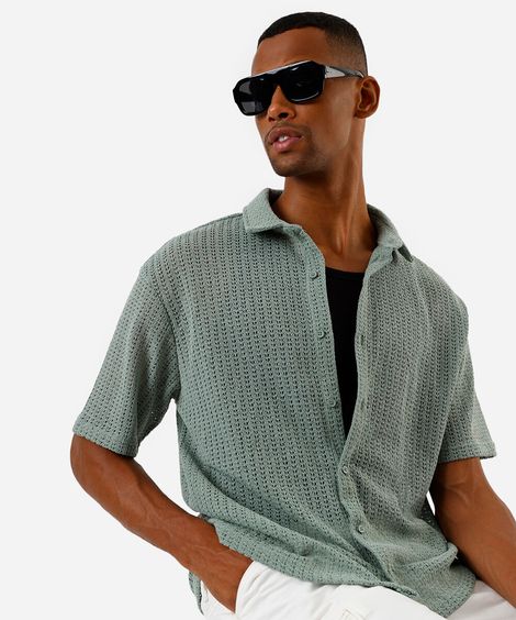 camisa box masculina de tricot texturizada verde