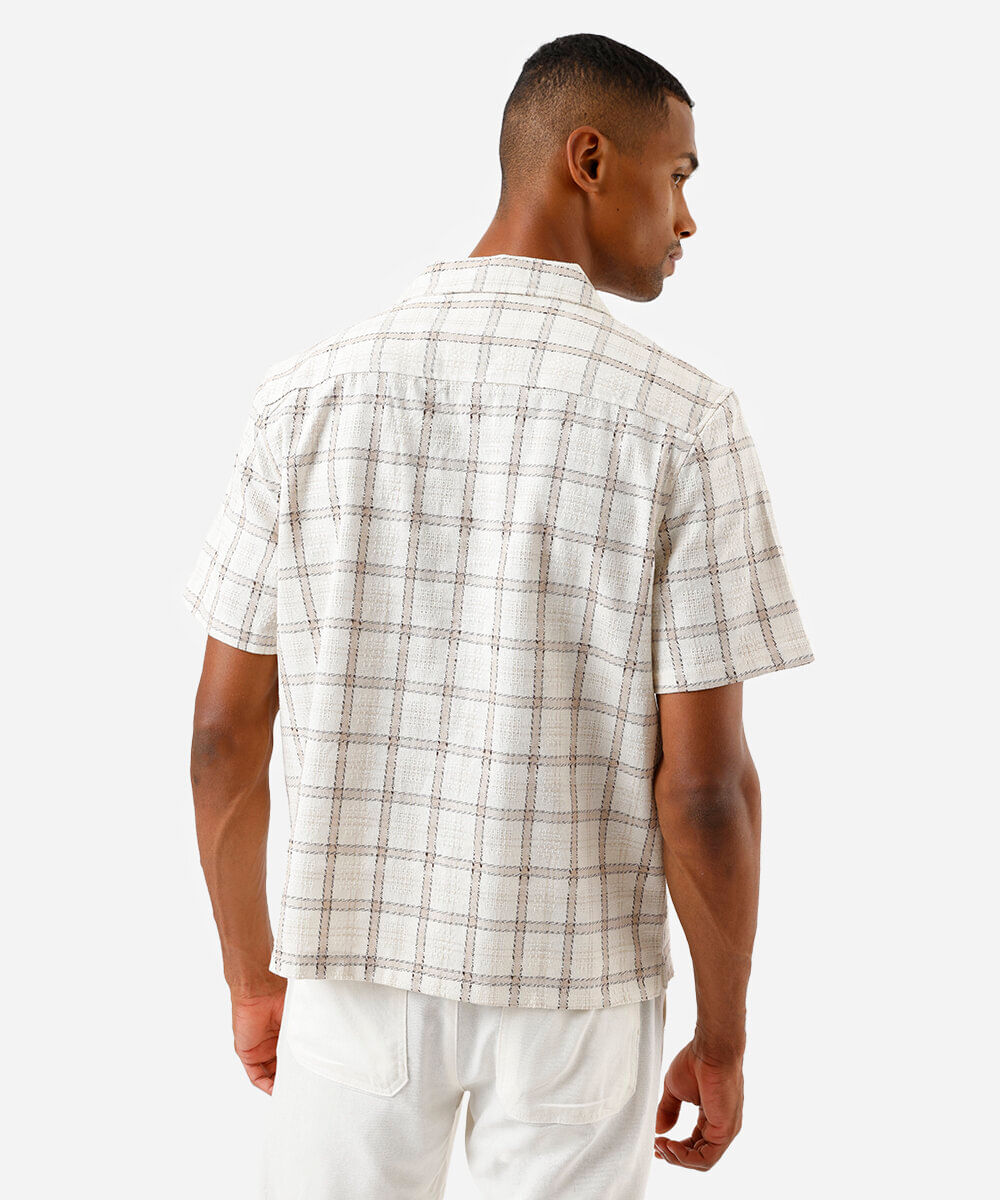 camisa masculina manga curta xadrez texturizada bege