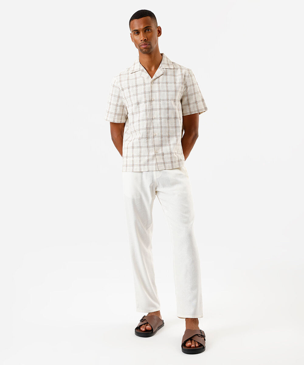 camisa masculina manga curta xadrez texturizada bege