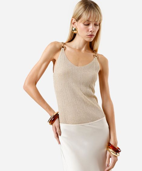 regata feminina de tricot com lurex e fivelas dourada