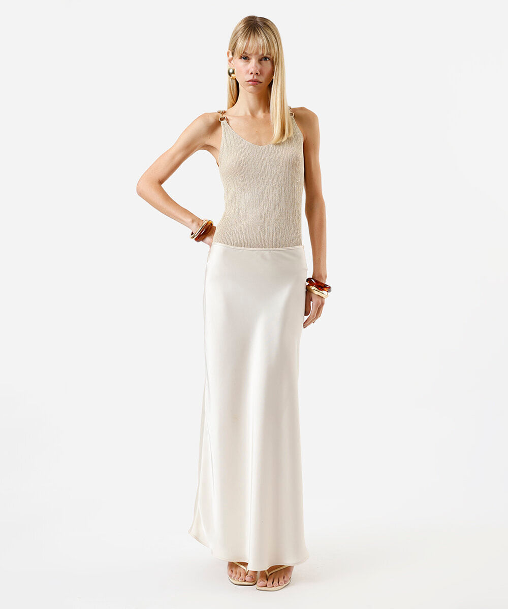 regata feminina de tricot com lurex e fivelas dourada