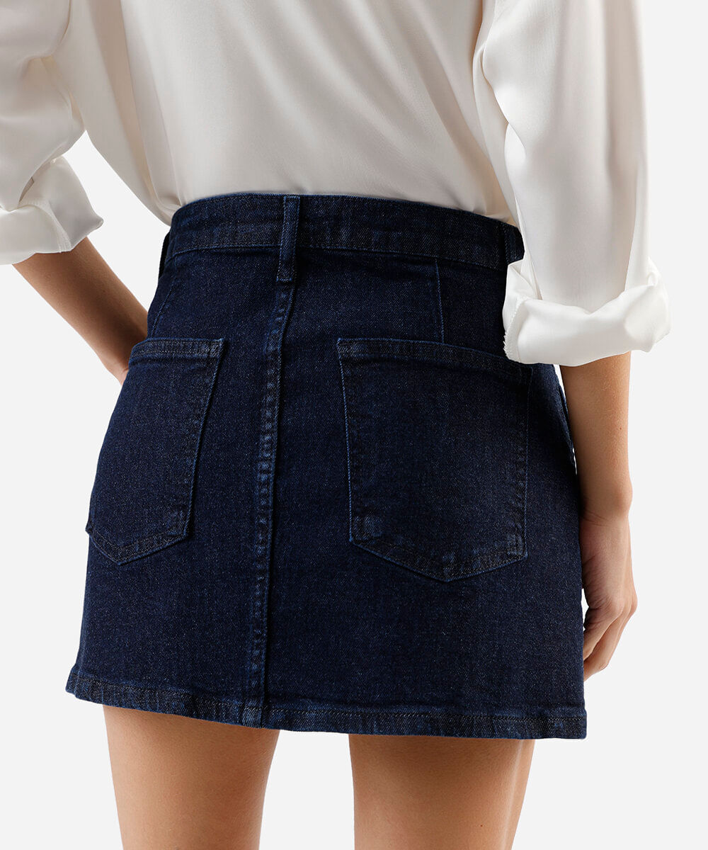 minissaia evasê feminina jeans azul