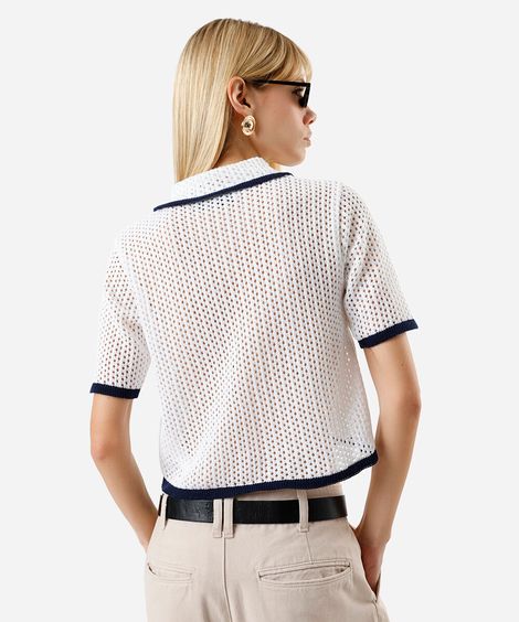 camisa feminina de tricot com amarração bicolor off white