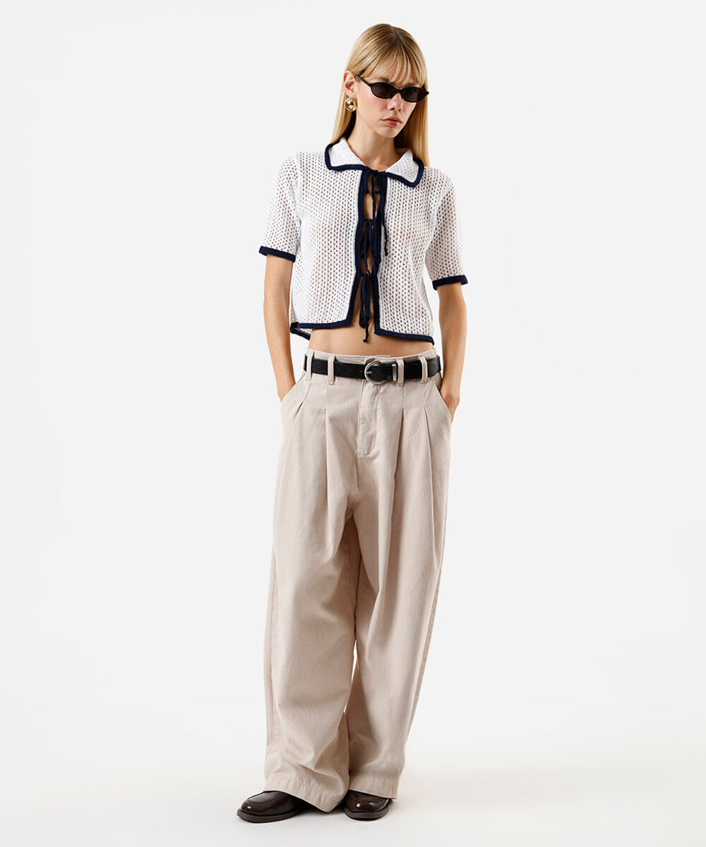 camisa feminina de tricot com amarração bicolor off white
