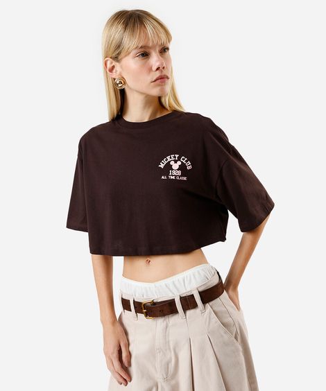 cropped feminino de algodão mickey marrom